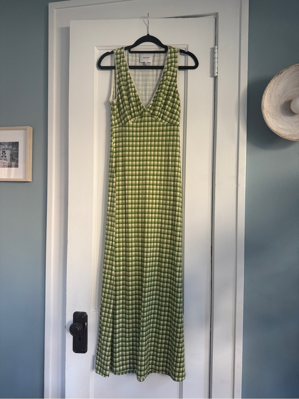 Reformation Green Gingham V-Neck Maxi Dress